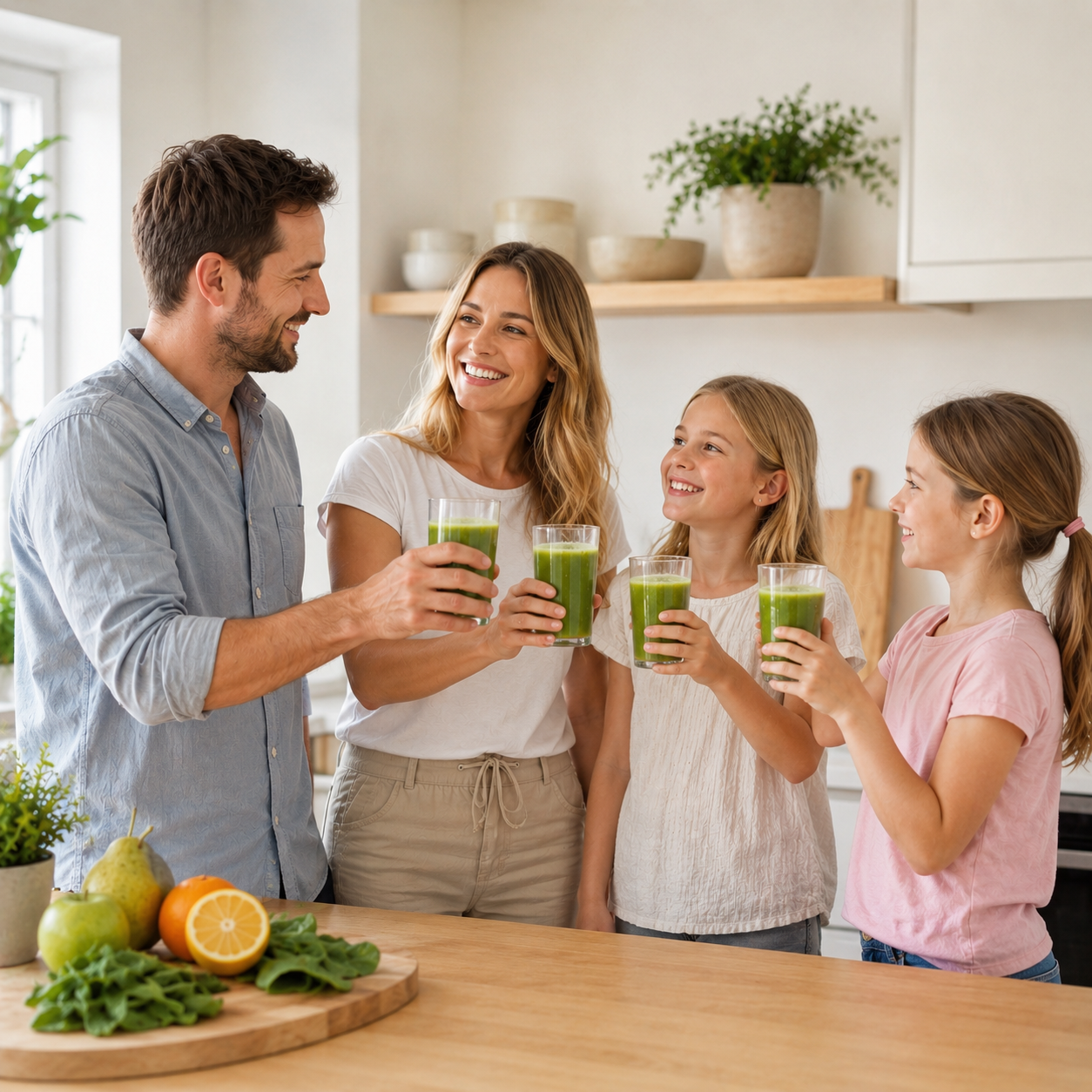 Familie geniesst gemeinsam frischen Saft